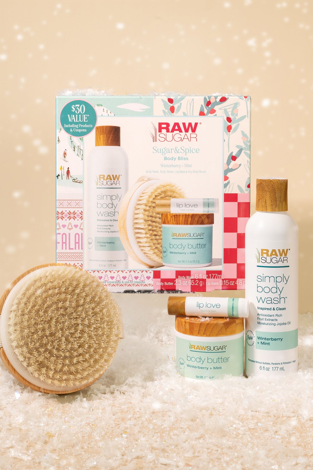 Sugar & Spice Body Bliss Kit | Winterberry + Mint | 4 Piece Set with Dry Brush