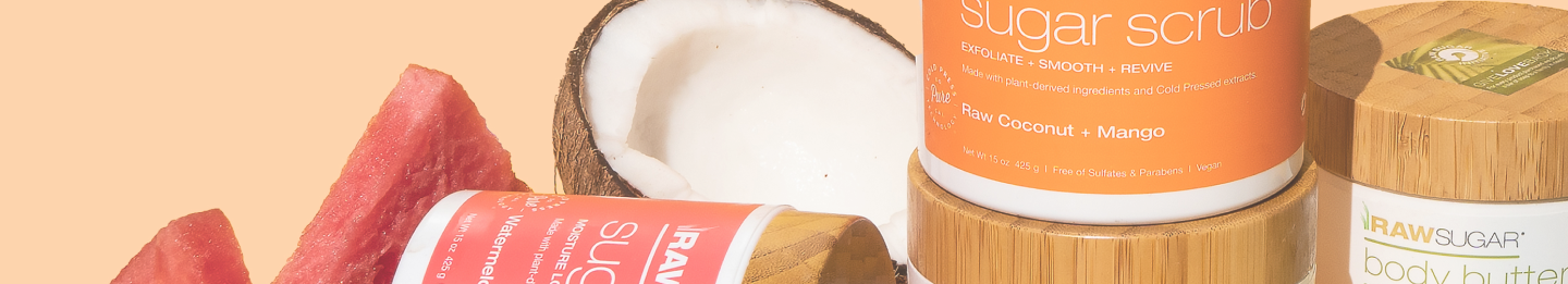 coconut and watermelon sugar scrubs on light orange background