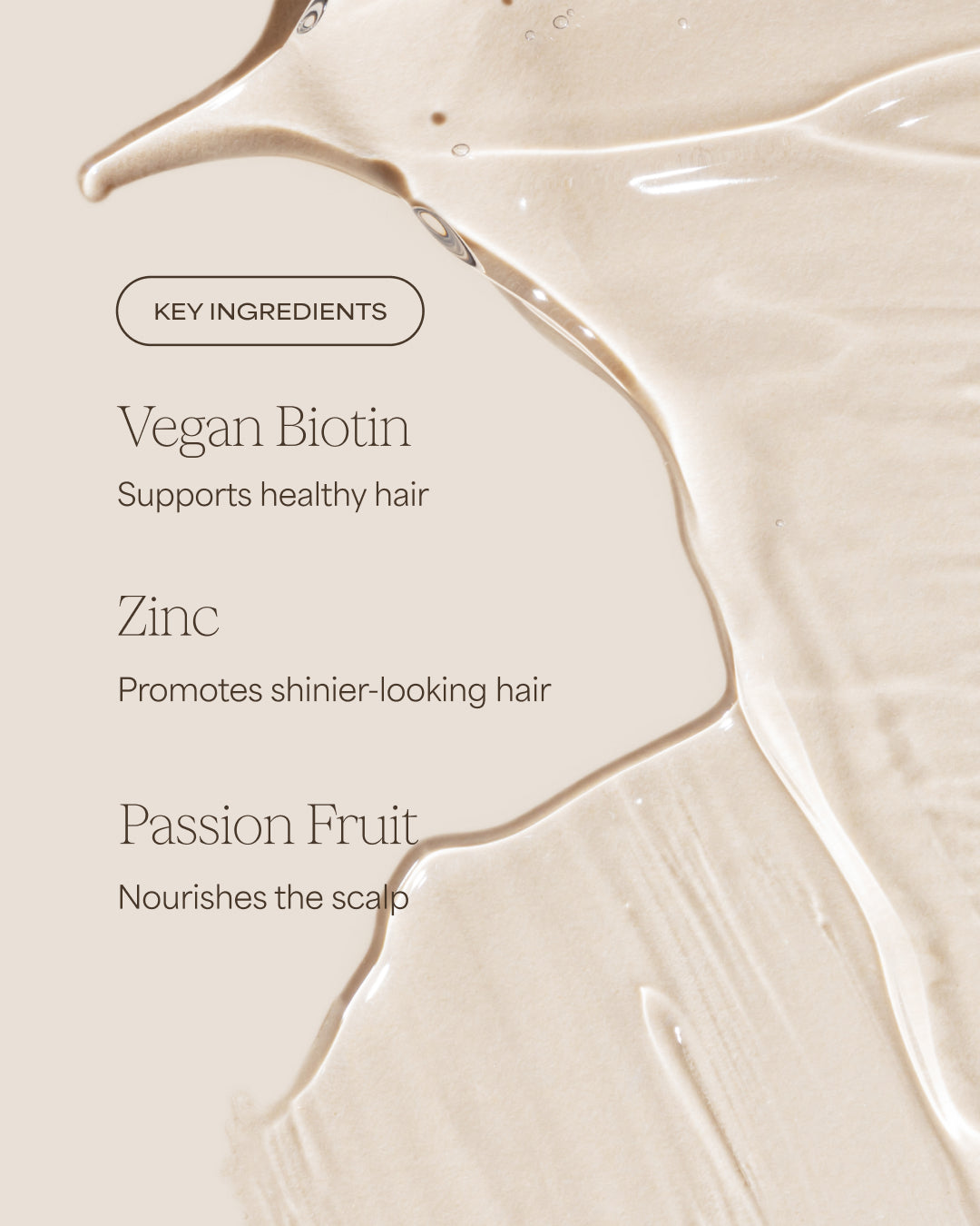 Product packaging with key ingredients for hair health on a beige background