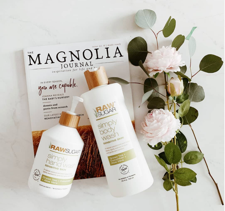 green tea hand wash and body wash with magnolia magazine and roses