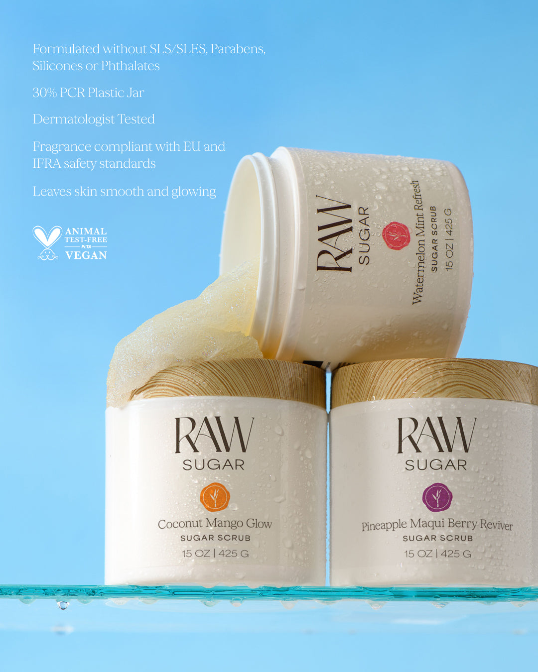 Three containers of RAW Sugar scrub on a blue background with product details.