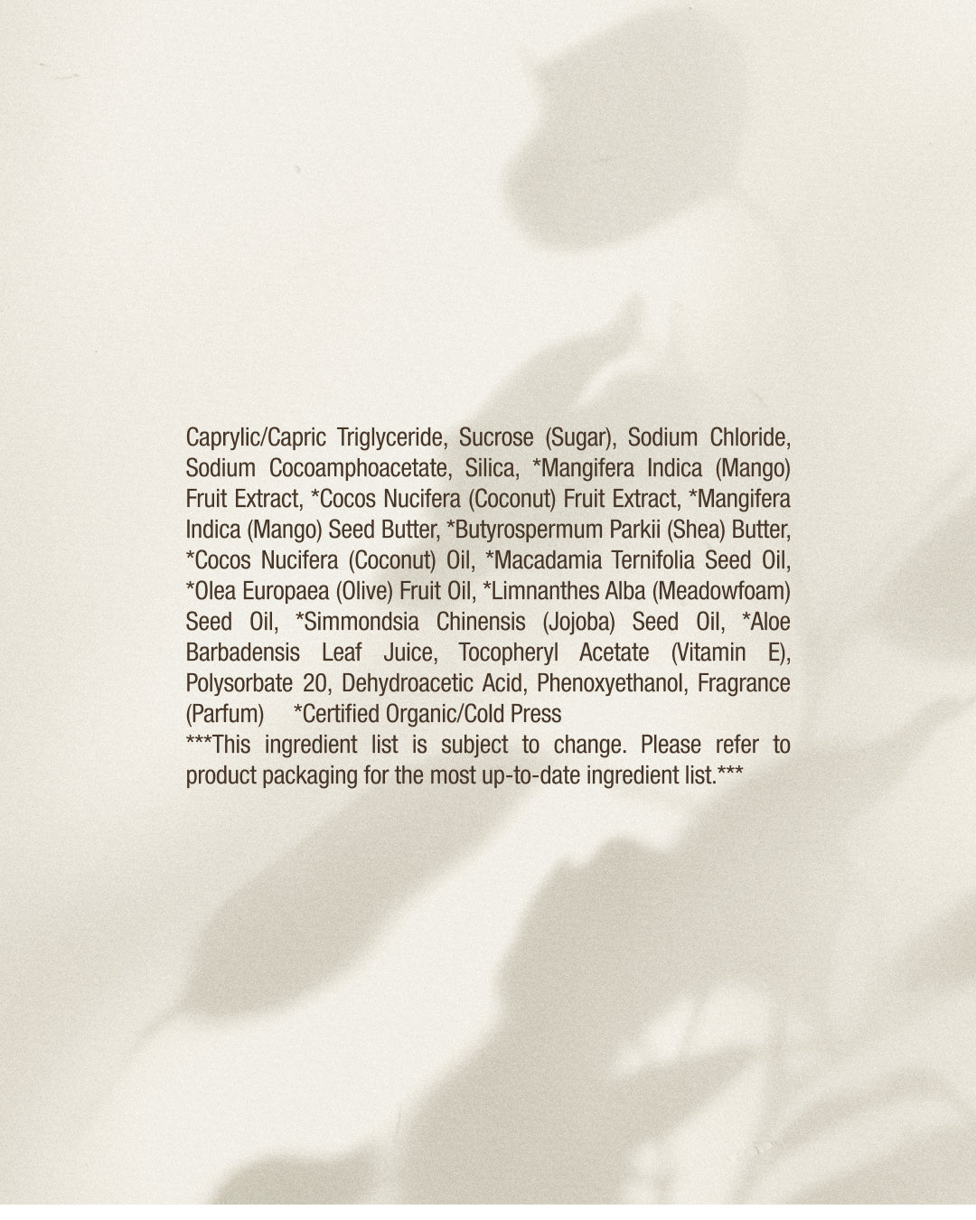 Textual ingredient list on a textured beige background