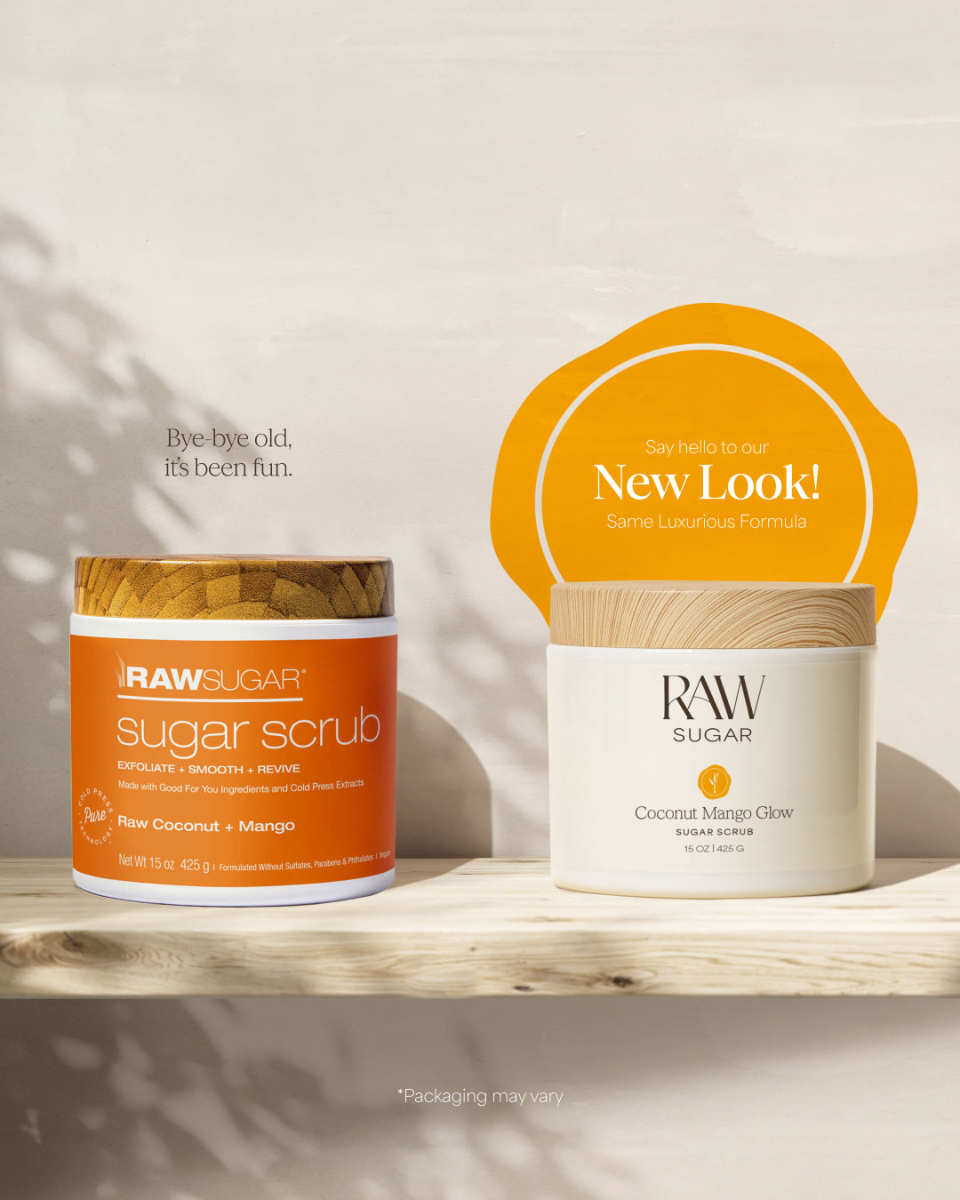 Two containers of Raw Sugar products on a neutral background with a 'New Look' label.