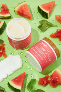 watermelon body scrub next to watermelon slices