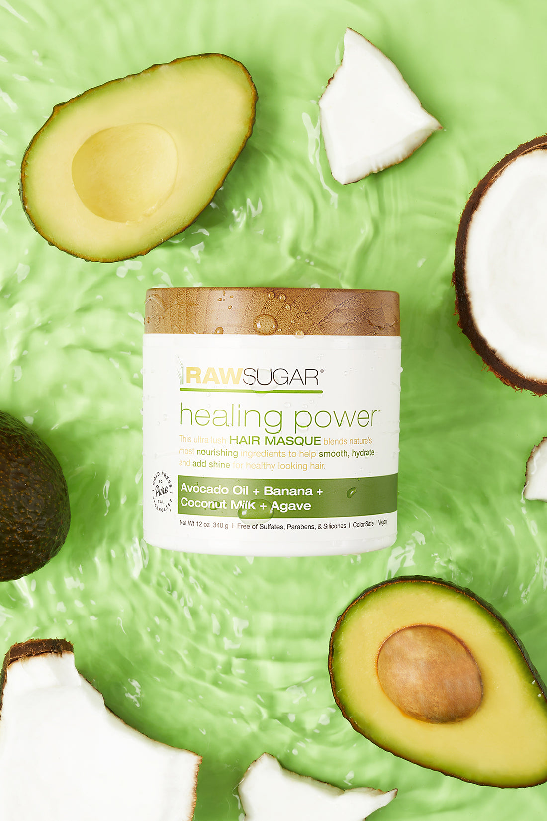 hair masque next to avocado slices and coconut