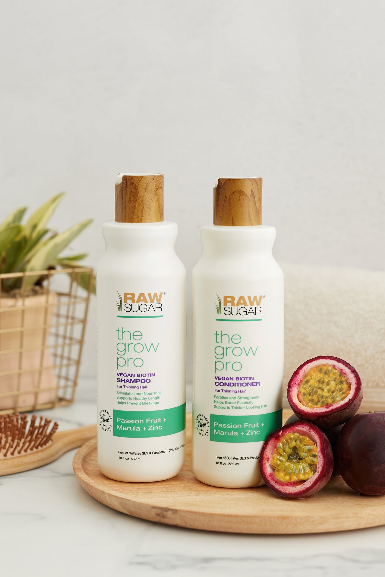 Vegan Biotin Shampoo + Conditioner on Wooden Board