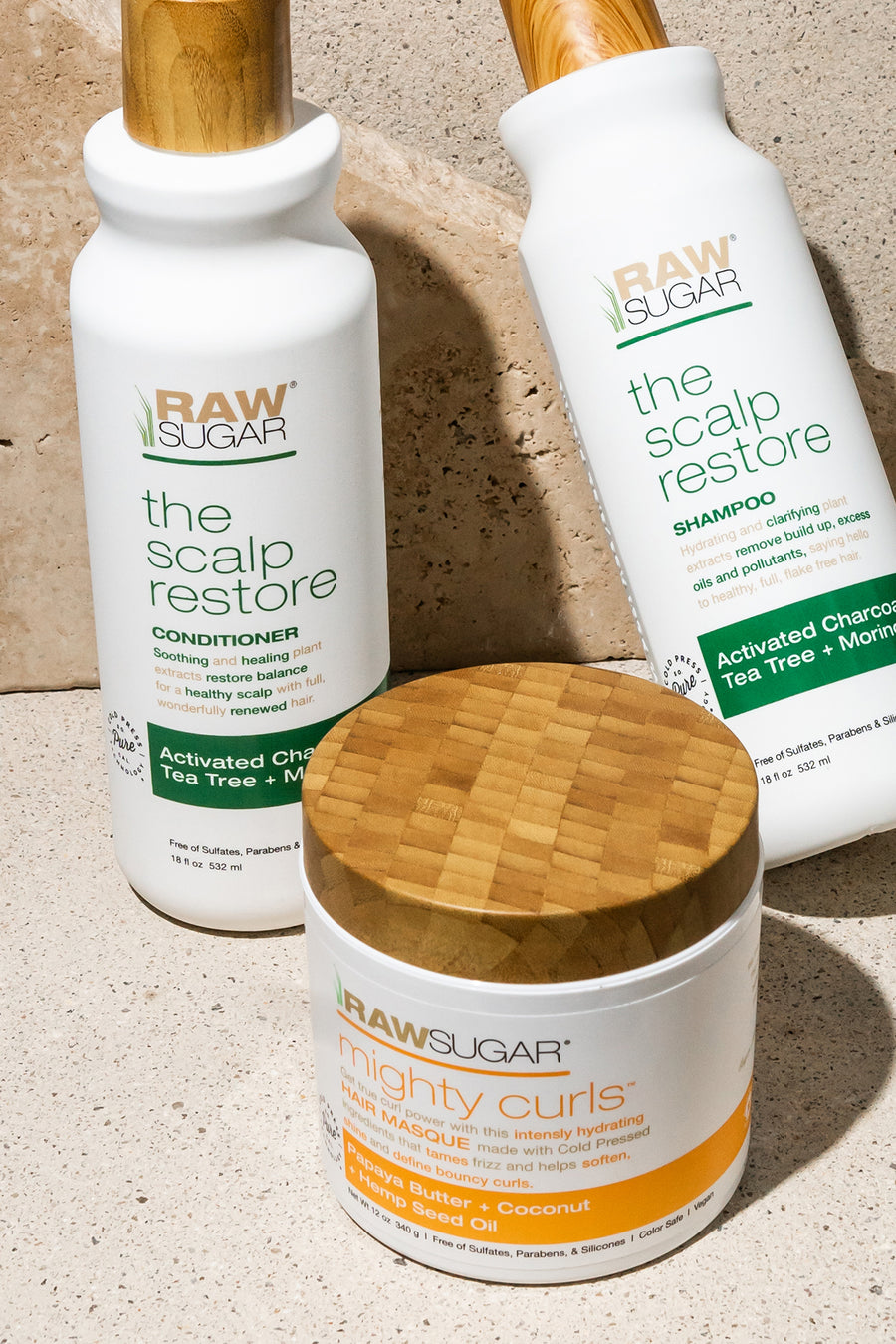Raw Sugar Scalp Restore Shampoo with Mighty Curls Hair Masque jar