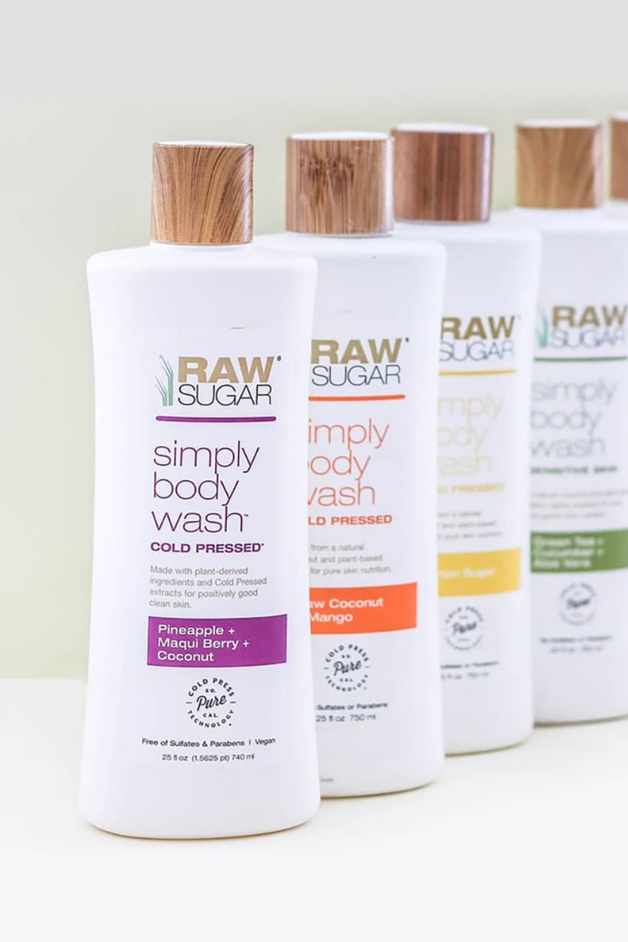 Raw Sugar Body Wash lined up next to each other