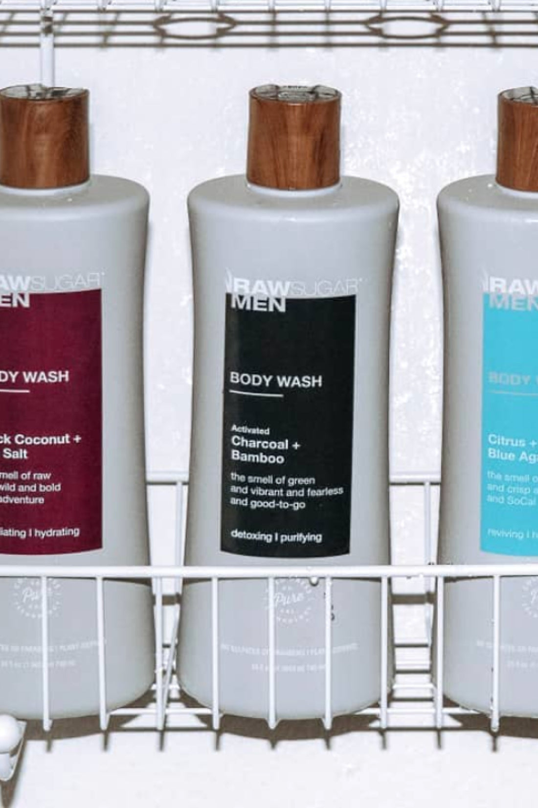 row of body wash in shower