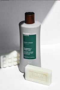 body wash against white background with two bars of soap