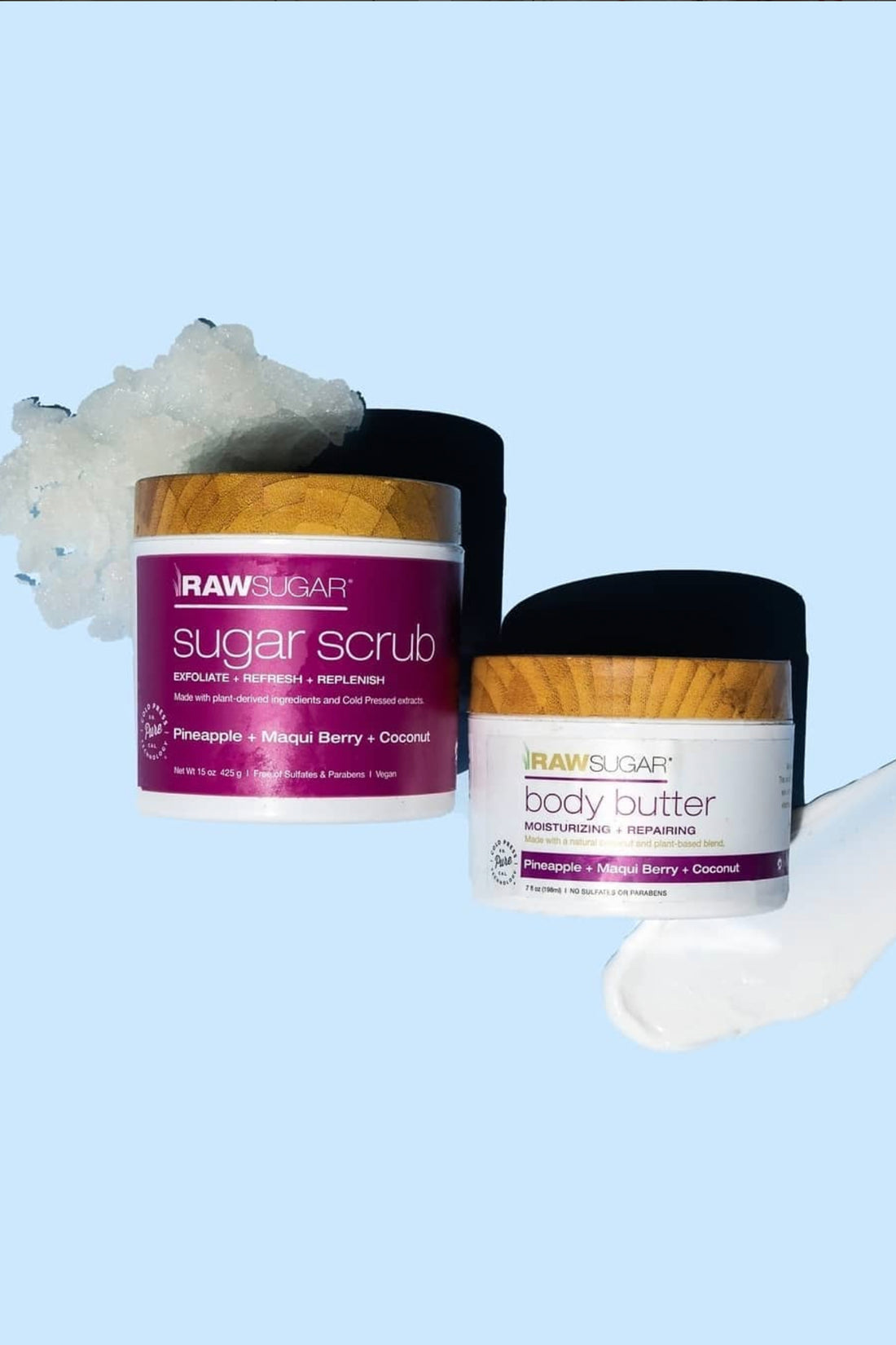 Body Scrub and Body Butter Next to each other, overflowing