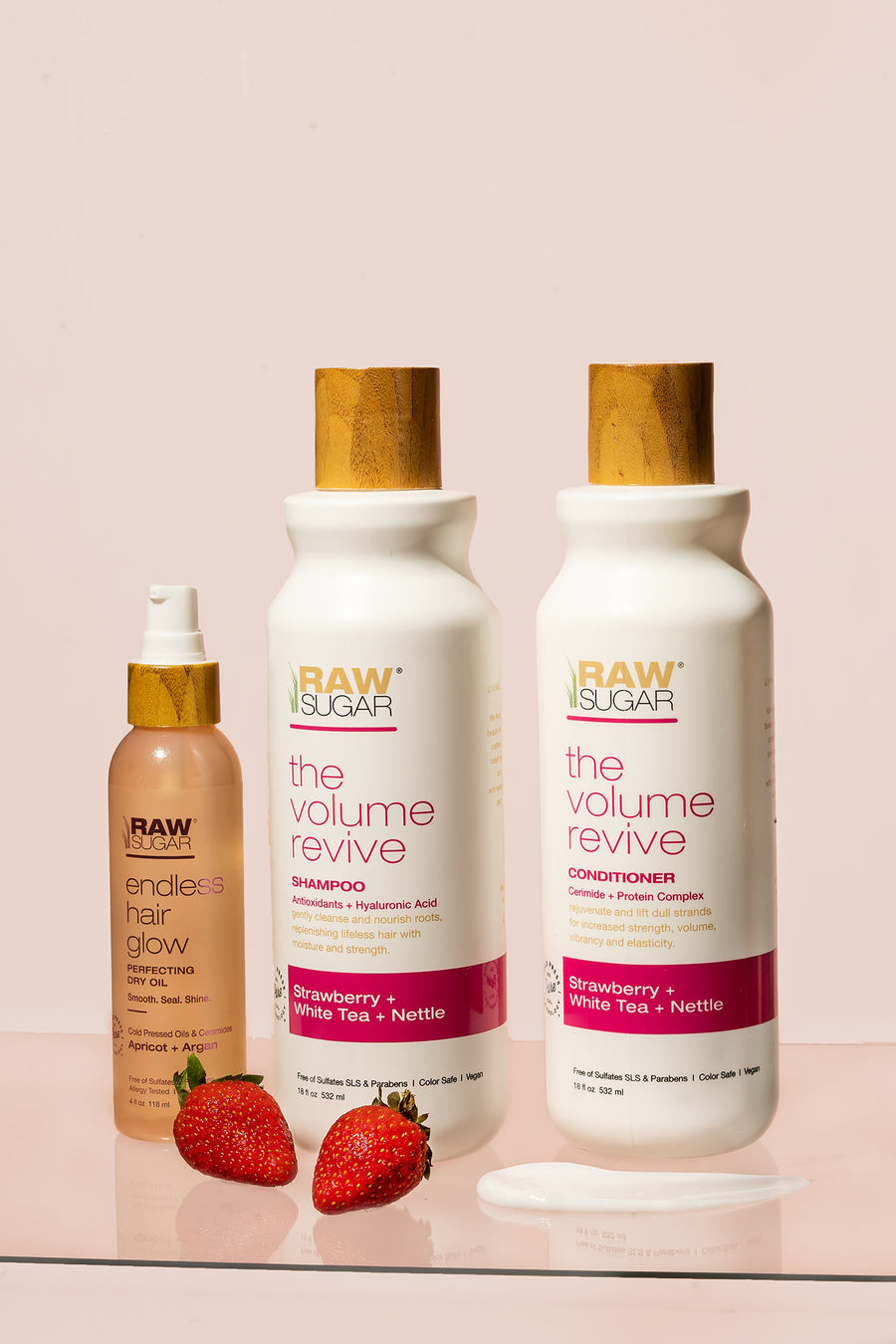 Volume Revive Shampoo, Conditioner, Endless Hair Glow and fresh strawberries