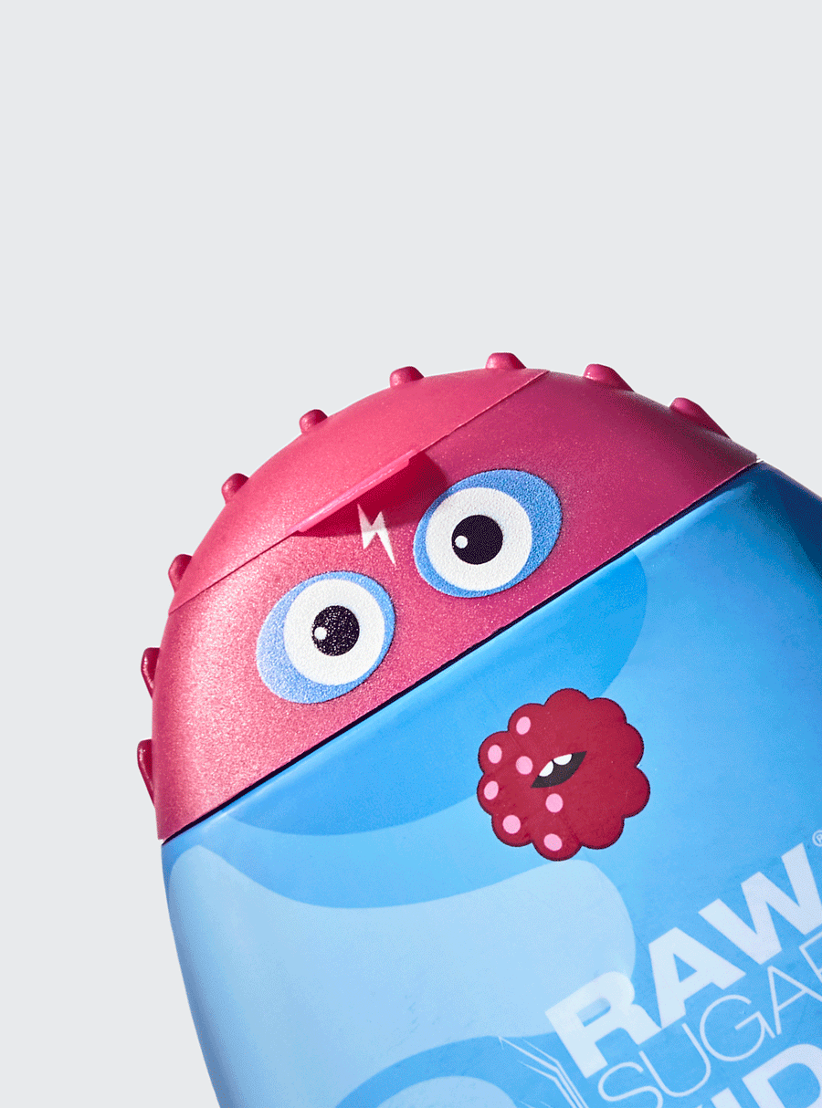 Animated picture of Raw Sugar Kids Superberry Cherry Monster with blinking eyes