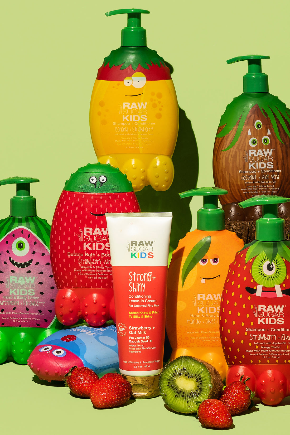 Raw Sugar Kids products with fresh strawberries and kiwi