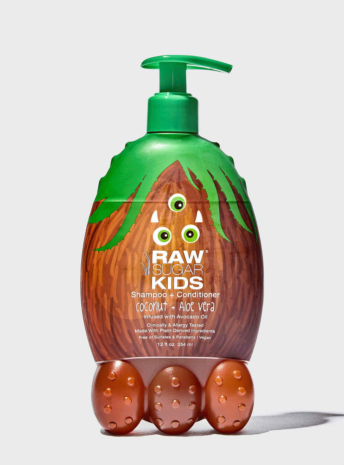 Animated Raw Sugar Kids Coconut + Aloe Vera Shampoo + Conditioner monster bottle morphs into Aloe Vera prickle hair from pump top