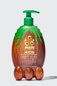 Animated Raw Sugar Kids Coconut + Aloe Vera Shampoo + Conditioner monster bottle morphs into Aloe Vera prickle hair from pump top